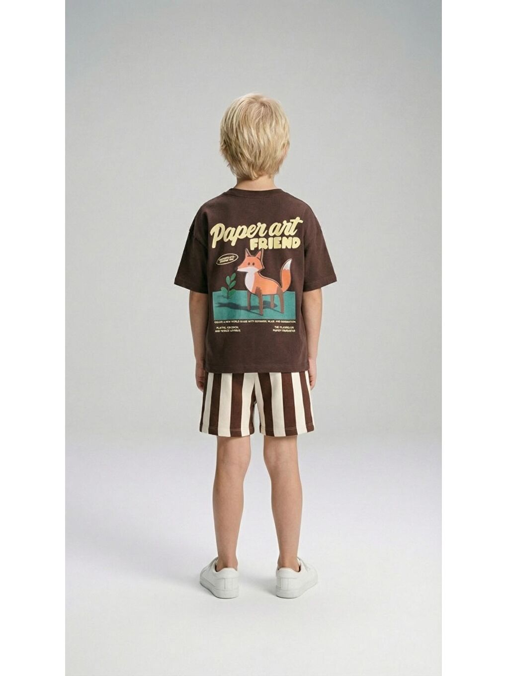 Karışık Unisex Çocuk Pamuklu Kahverengi Tilki Baskılı T-Shirt Şort Takım-2