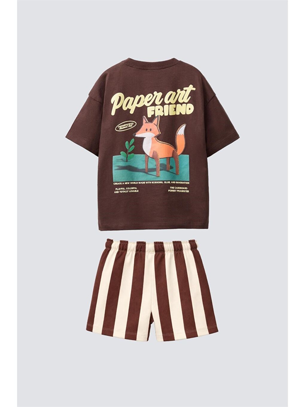 Karışık Unisex Çocuk Pamuklu Kahverengi Tilki Baskılı T-Shirt Şort Takım-3
