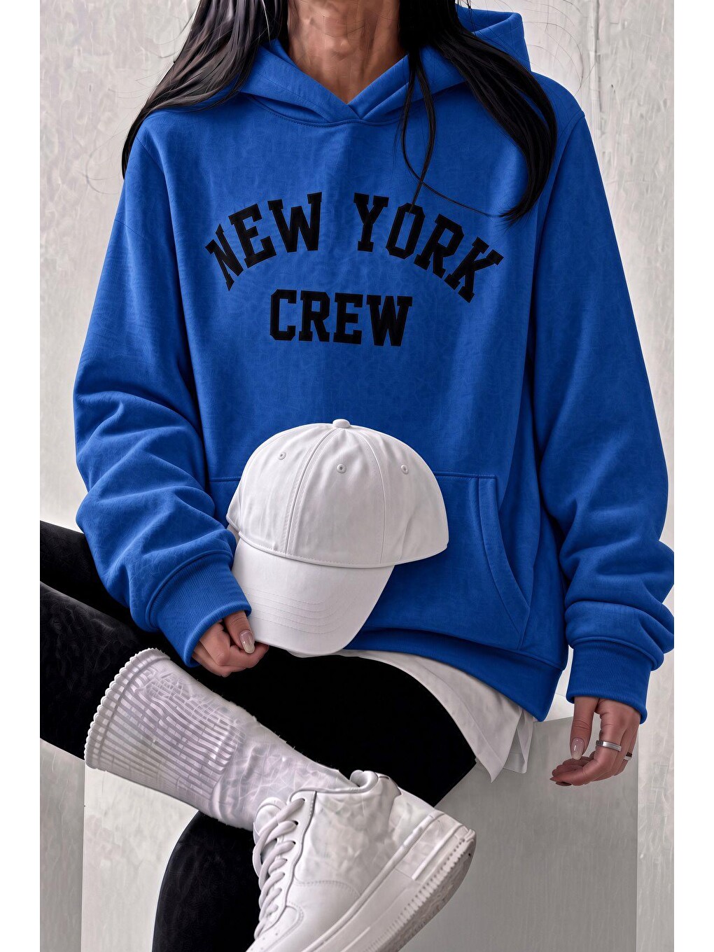 Mavi Sw Unisex Oversize "new York Crew" Baskılı Kapüşonlu Kanguru Cep Sweatshirt-1