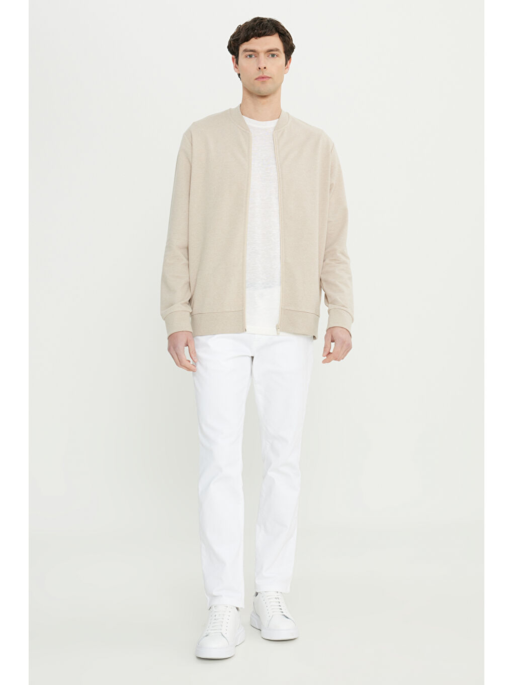 Erkek Bej Pamuklu Standart Fit Normal Kesim Kolej Yaka Yan Cep Sweatshirt-1