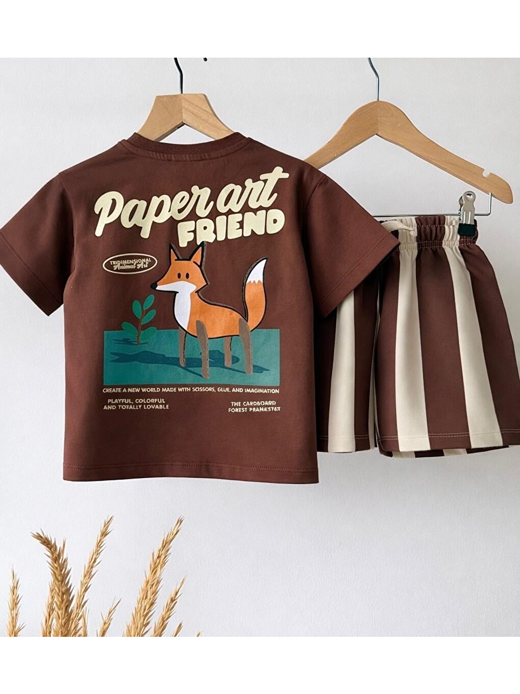 Karışık Unisex Çocuk Pamuklu Kahverengi Tilki Baskılı T-Shirt Şort Takım-4
