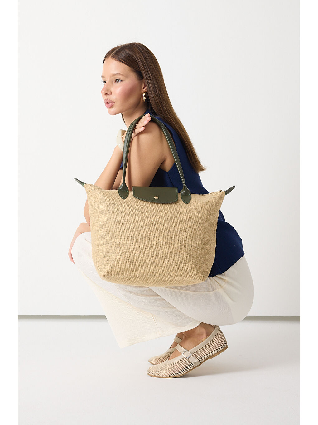 Kadın Haki Orta Boy Askılı Hasır El ve Omuz Çantası-4