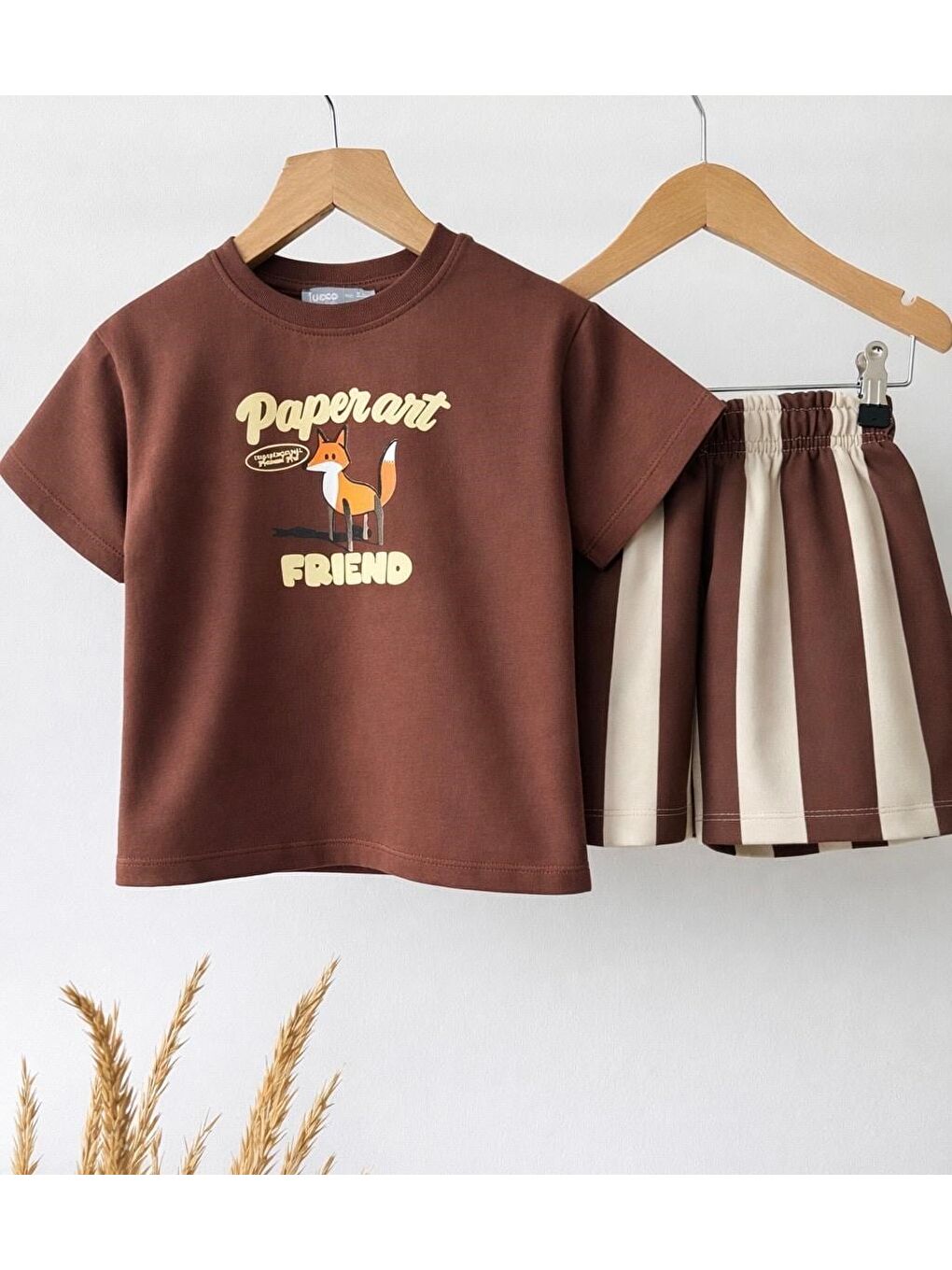 Karışık Unisex Çocuk Pamuklu Kahverengi Tilki Baskılı T-Shirt Şort Takım-5