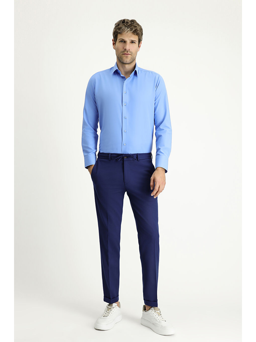 Mavi Uzun Kollu Slim Fit Dar Kesim Klasik Pamuklu Kolay Ütülenebilir Gömlek-1