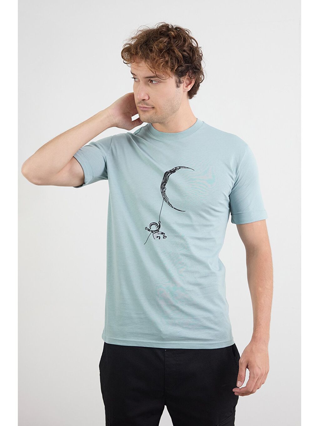 Mavi Astronot Baskılı Bisiklet Yaka Tişört