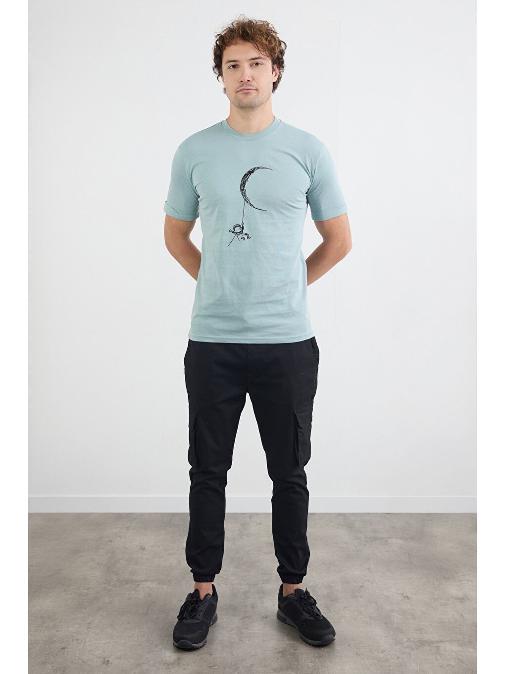 Mavi Astronot Baskılı Bisiklet Yaka Tişört-2