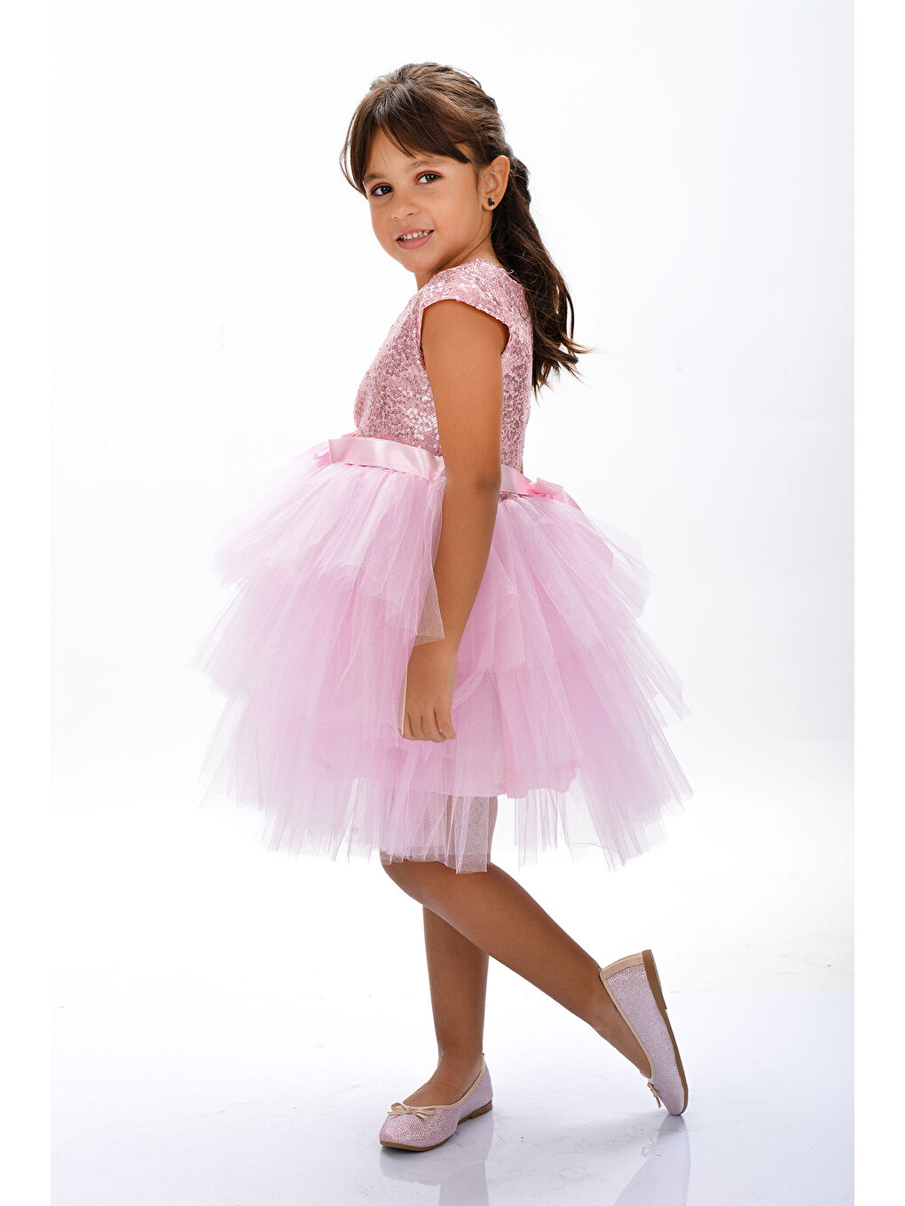 Pembe Mnk Kız Çocuk Pullu Tüllü Parti Elbisesi-8