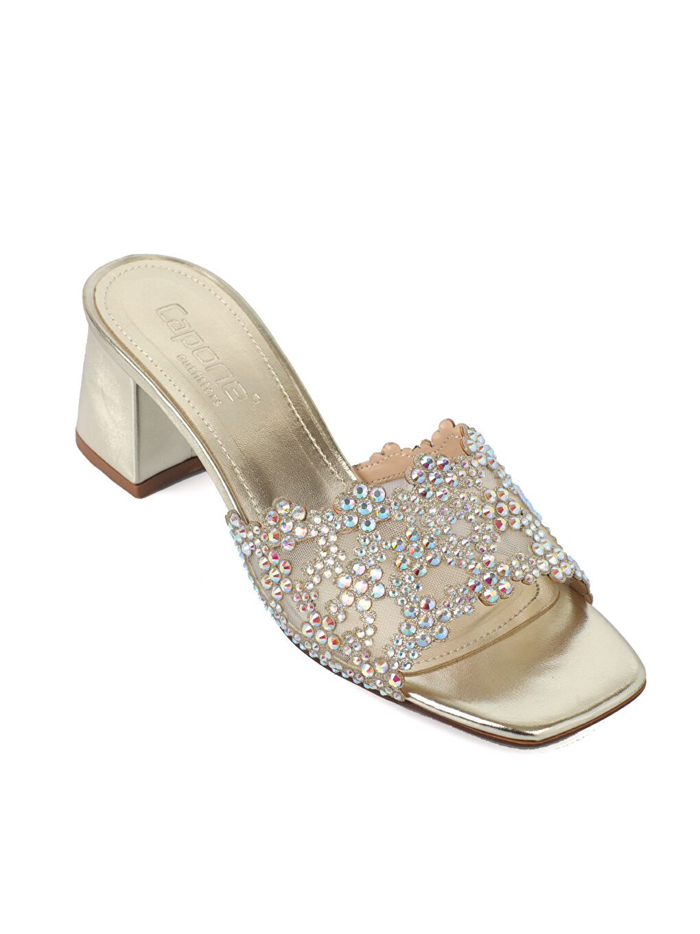 Sarı Lois Küt Burunlu Taşlı Orta Topuklu Kadın Düğün Terlik