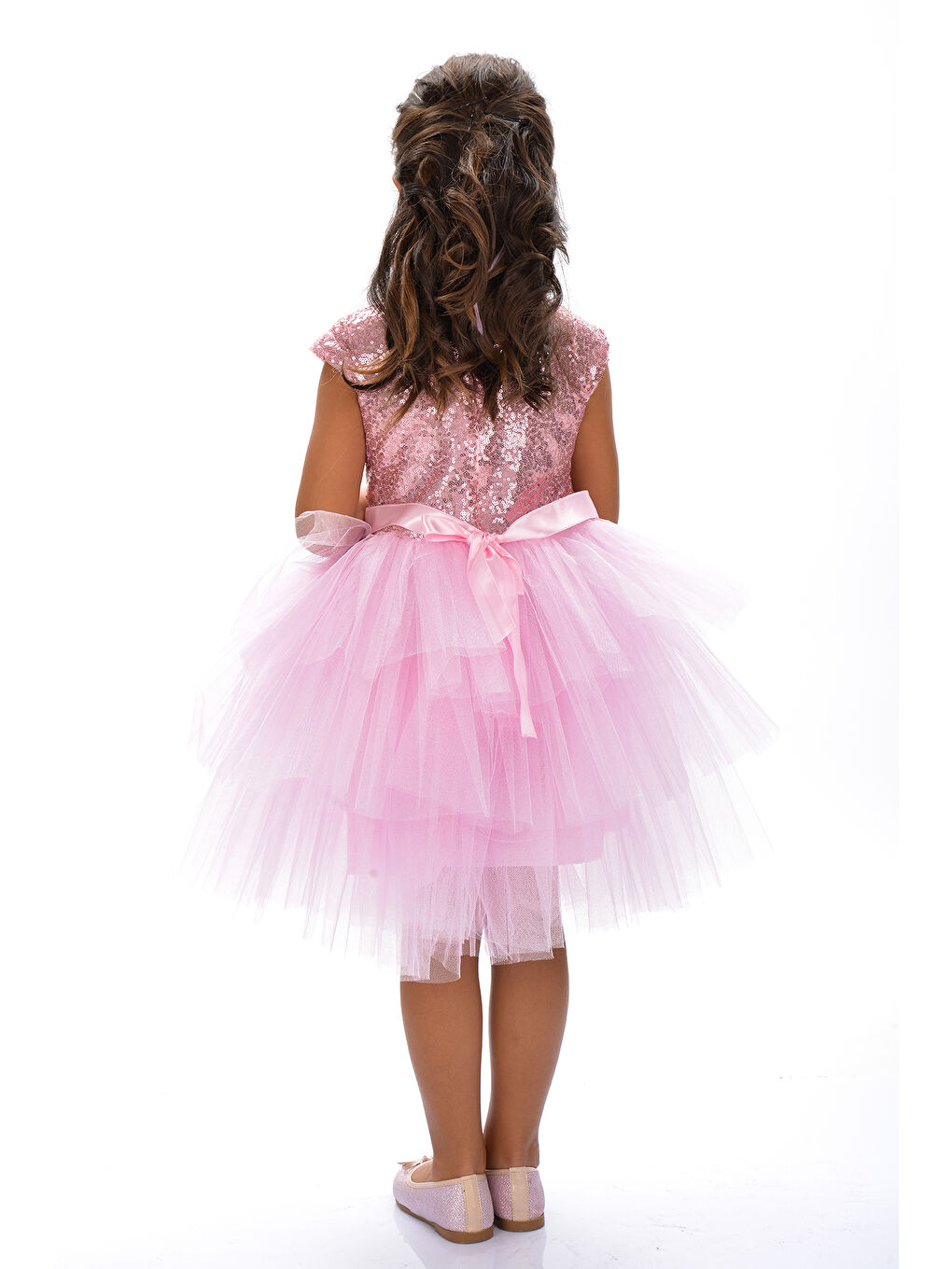 Pembe Mnk Kız Çocuk Pullu Tüllü Parti Elbisesi-9