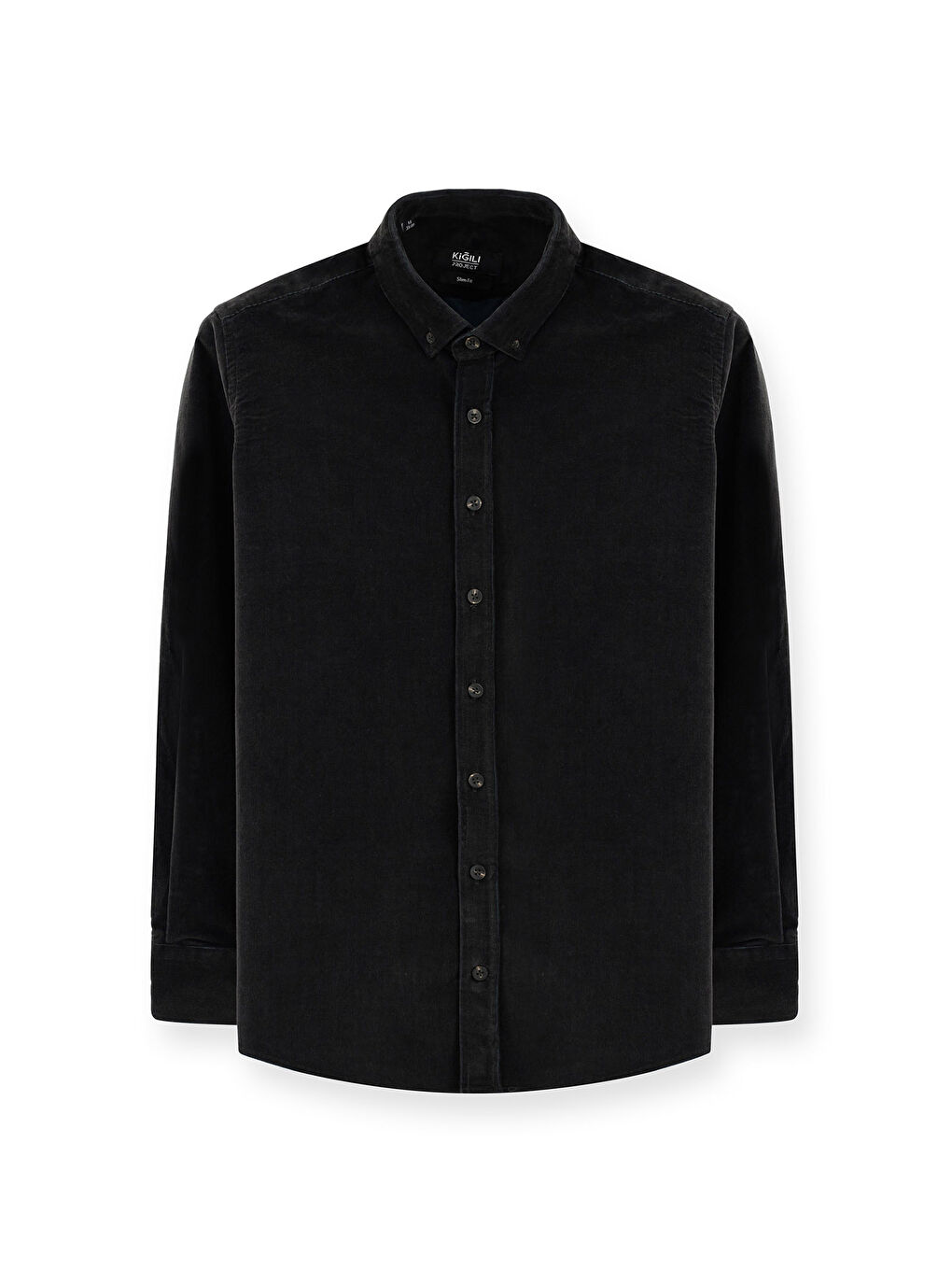 Antrasit Uzun Kol Slim Fit Dar Kesim Kadife Pamuklu Düğmeli Yaka Gömlek