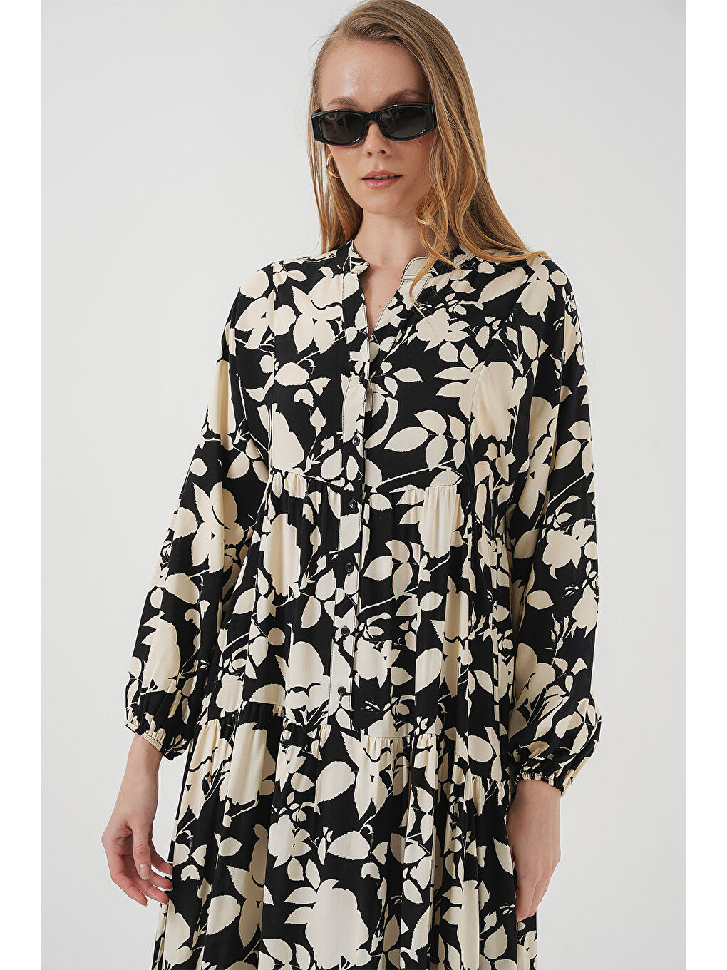 2423 Otantik Desenli Elbise - Siyah - Beyaz1-3