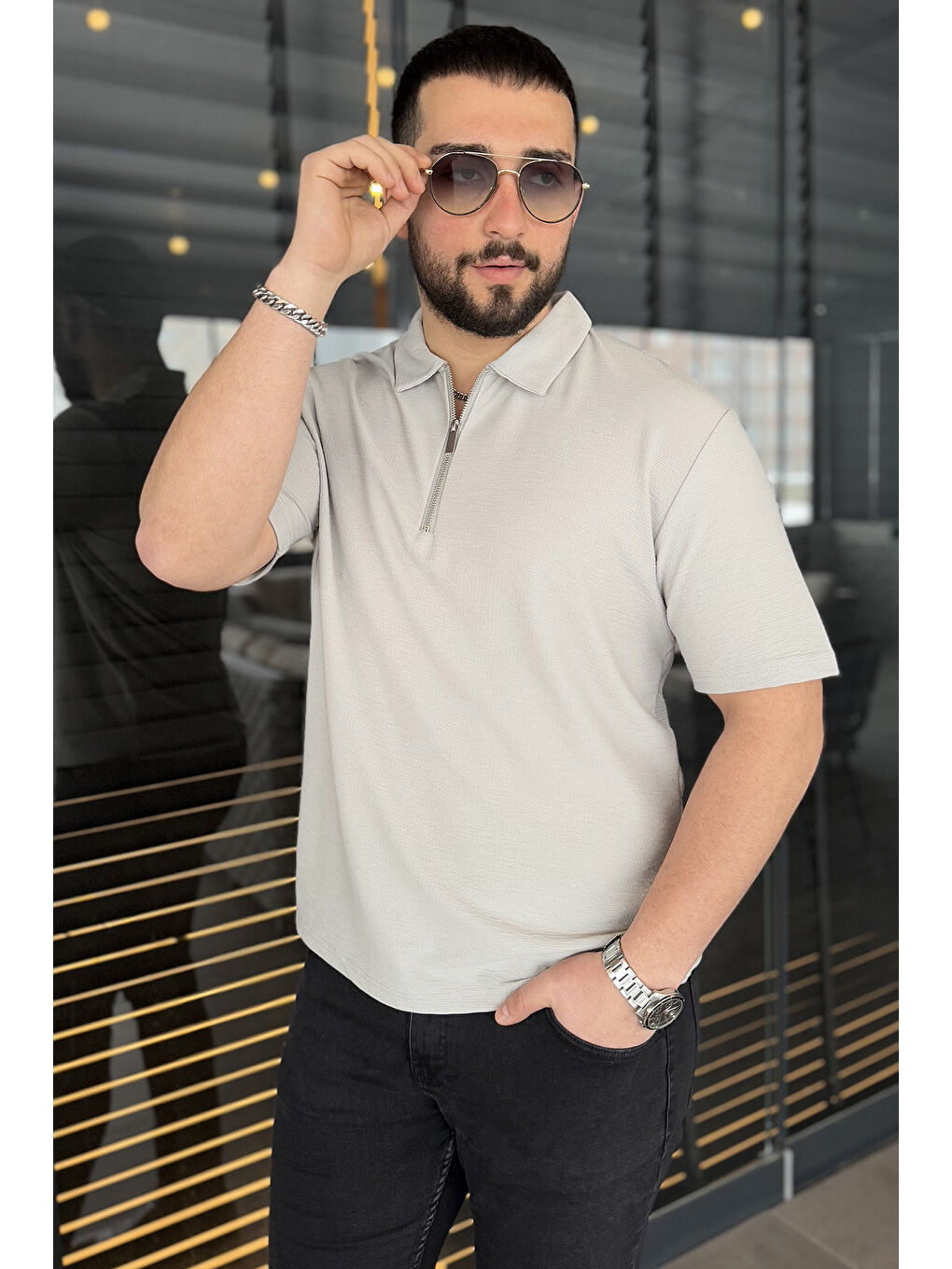 Gri Erkek Polo Yaka Yarım Fermuarlı Tişört-1