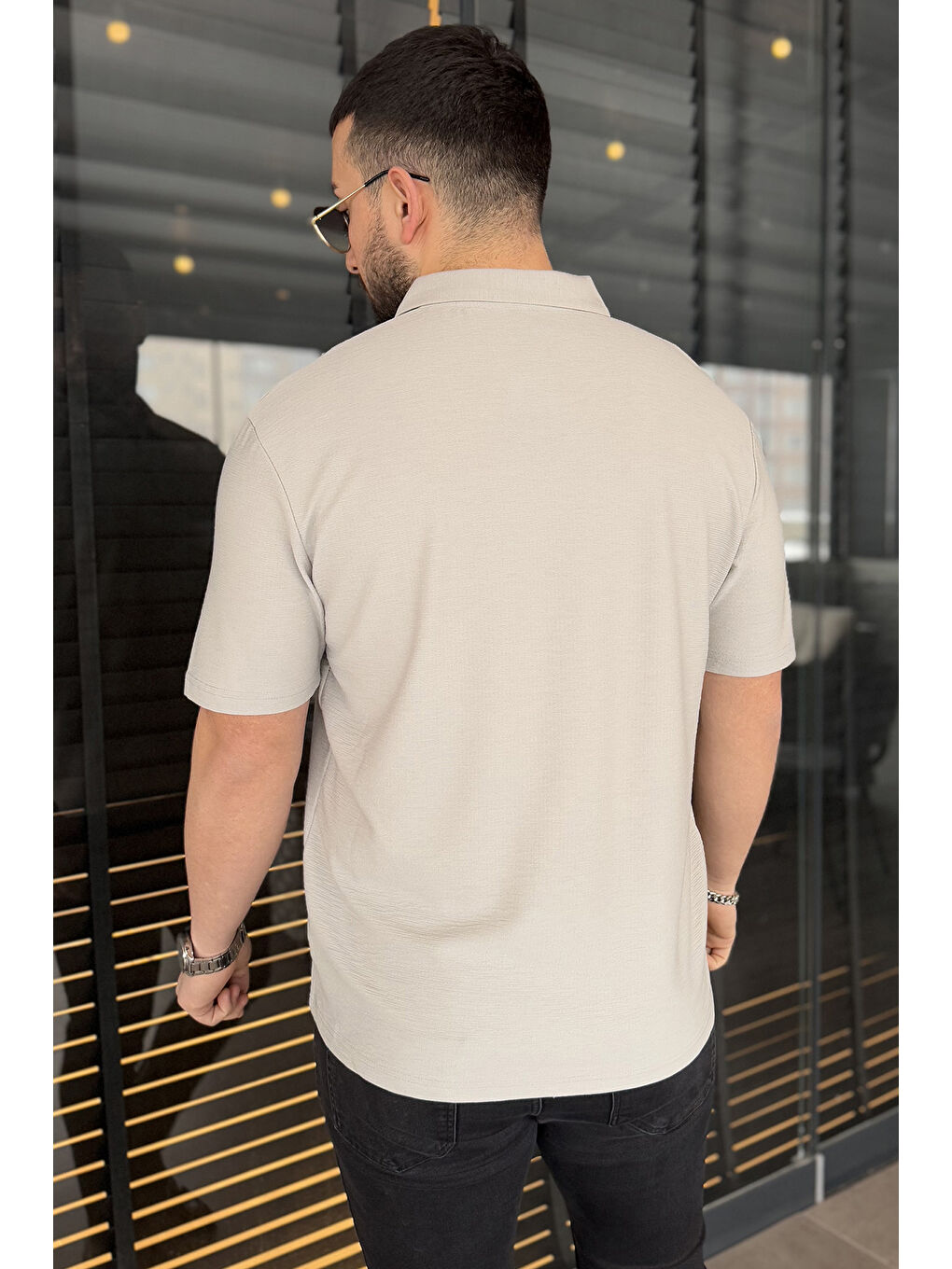 Gri Erkek Polo Yaka Yarım Fermuarlı Tişört-3