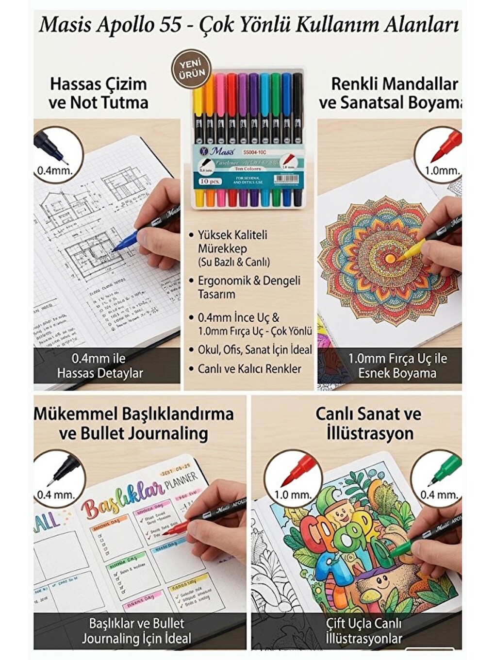 Fineliner 10 Lu Çift Taraflı İnce Uçlu Kalem 1 Paket Masis 10 Renk 04-1.0 Mm Keçe Uçlu Kalem Renkli-2