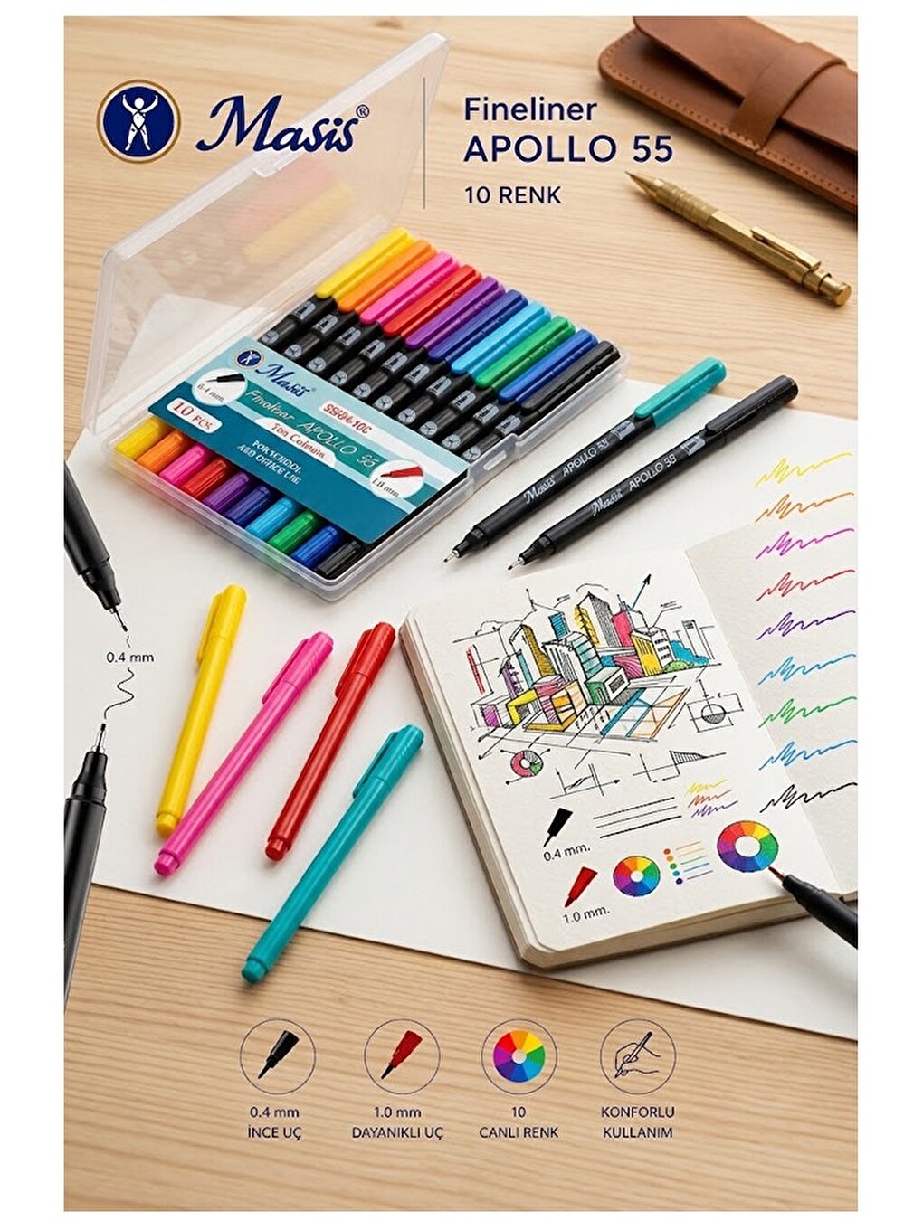 Fineliner 10 Lu Çift Taraflı İnce Uçlu Kalem 1 Paket Masis 10 Renk 04-1.0 Mm Keçe Uçlu Kalem Renkli-3