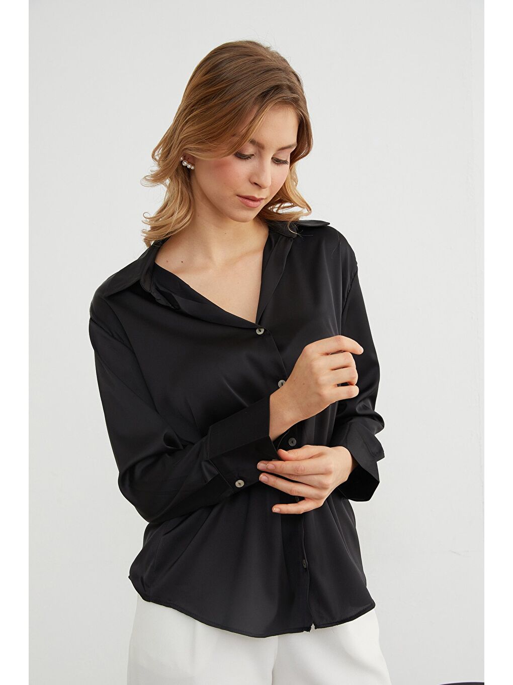 Siyah Basic Saten Gömlek-1