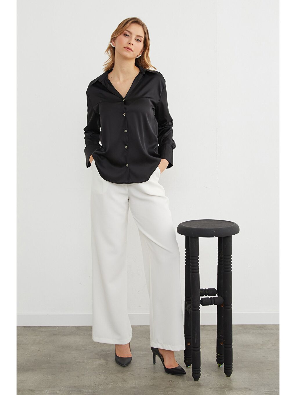 Siyah Basic Saten Gömlek-2