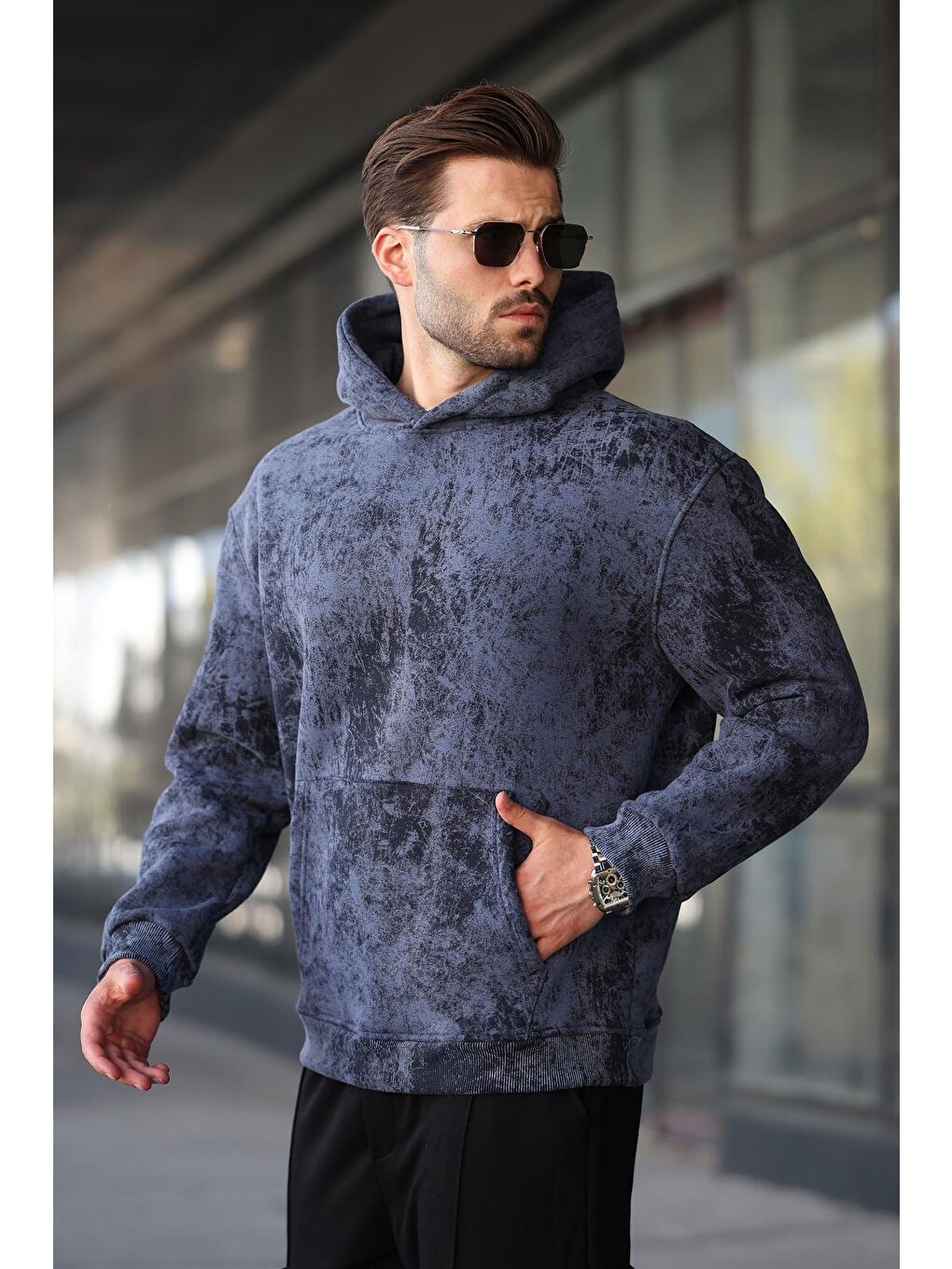 Lacivert Desenli Kapüşonlu Erkek Sweatshirt E7167