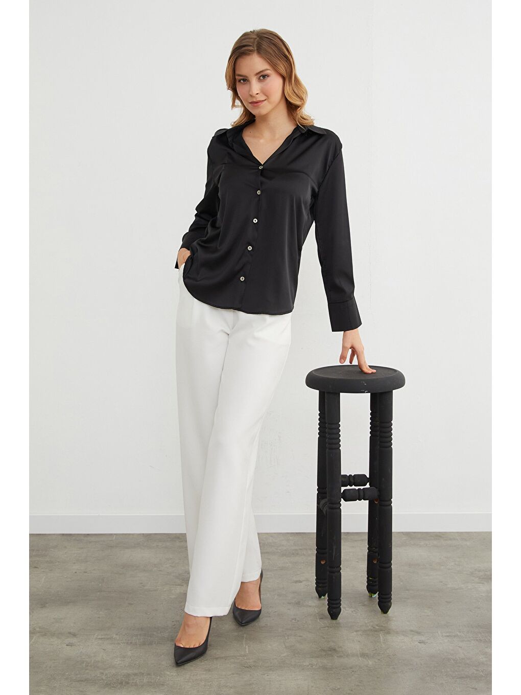 Siyah Basic Saten Gömlek-3