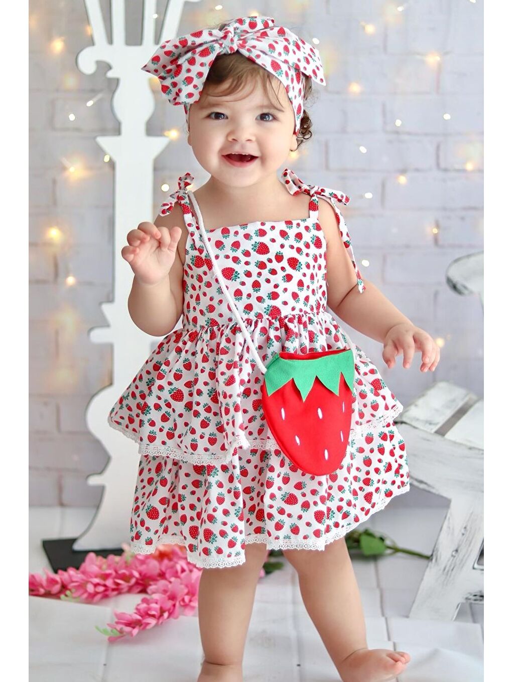 Kırmızı Mnk Çantalı Çilek Elbise-1