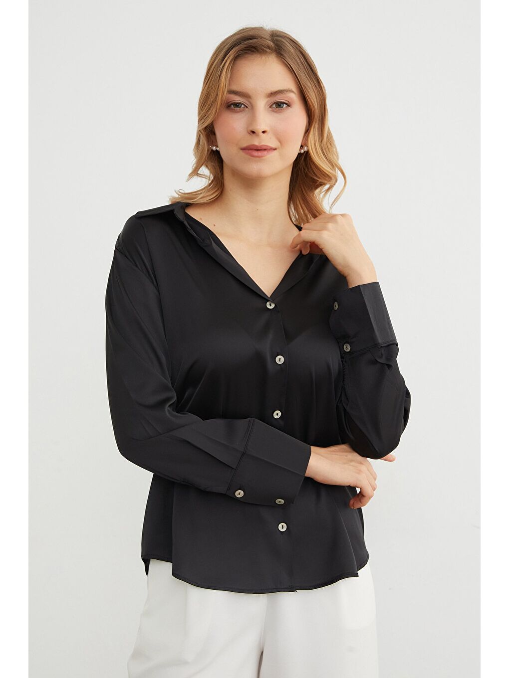 Siyah Basic Saten Gömlek-4