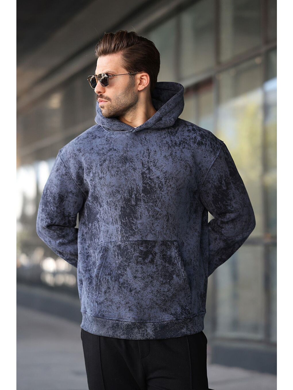 Lacivert Desenli Kapüşonlu Erkek Sweatshirt E7167-1
