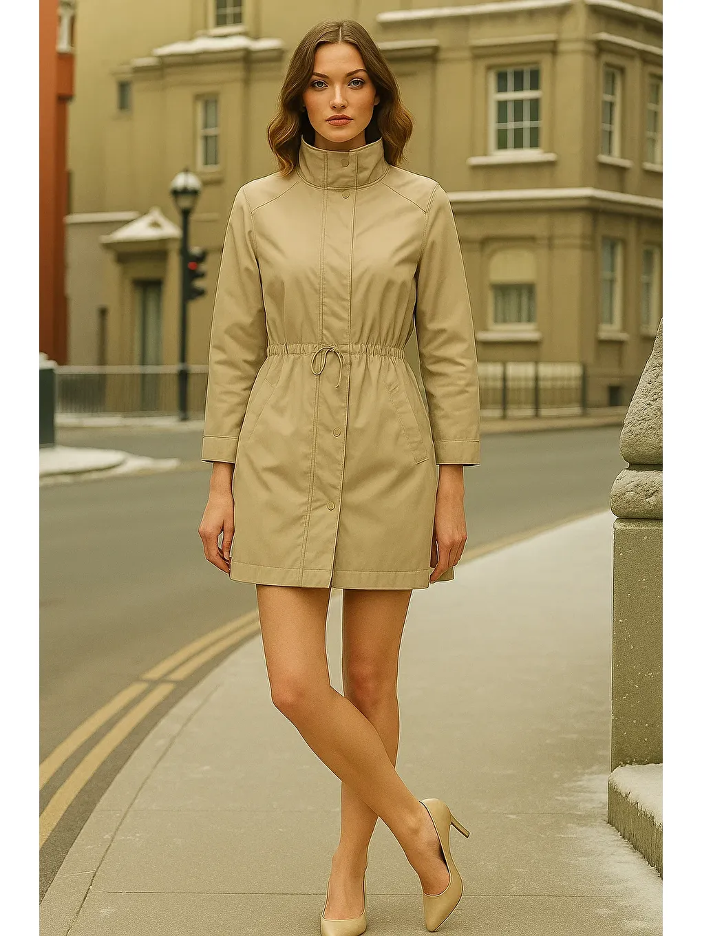 Kadın Kışlık Çizgili Bej Kısa Trençkot-2