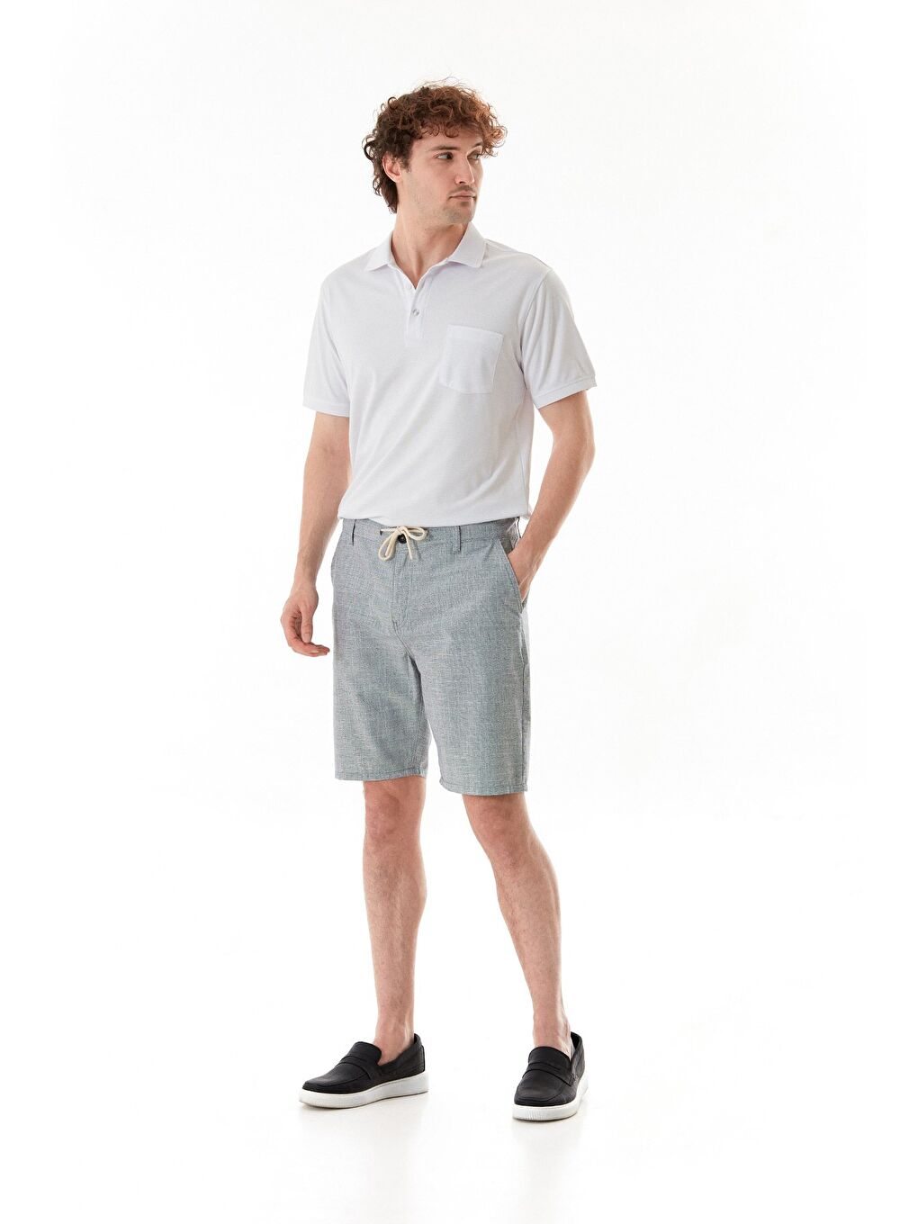 Lacivert Kırçıllı Beli Bağlamalı Cepli Şort-1