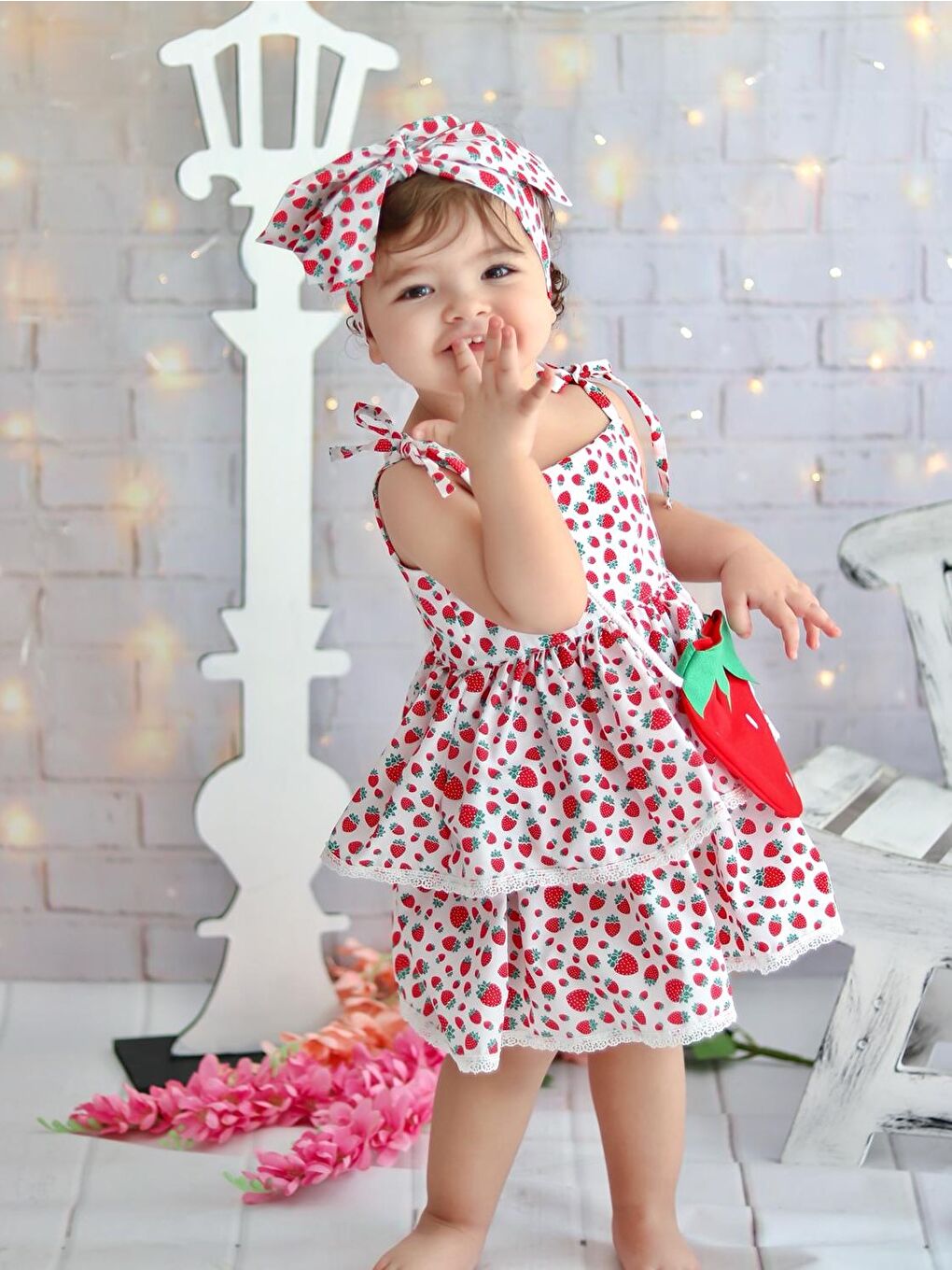 Kırmızı Mnk Çantalı Çilek Elbise-7