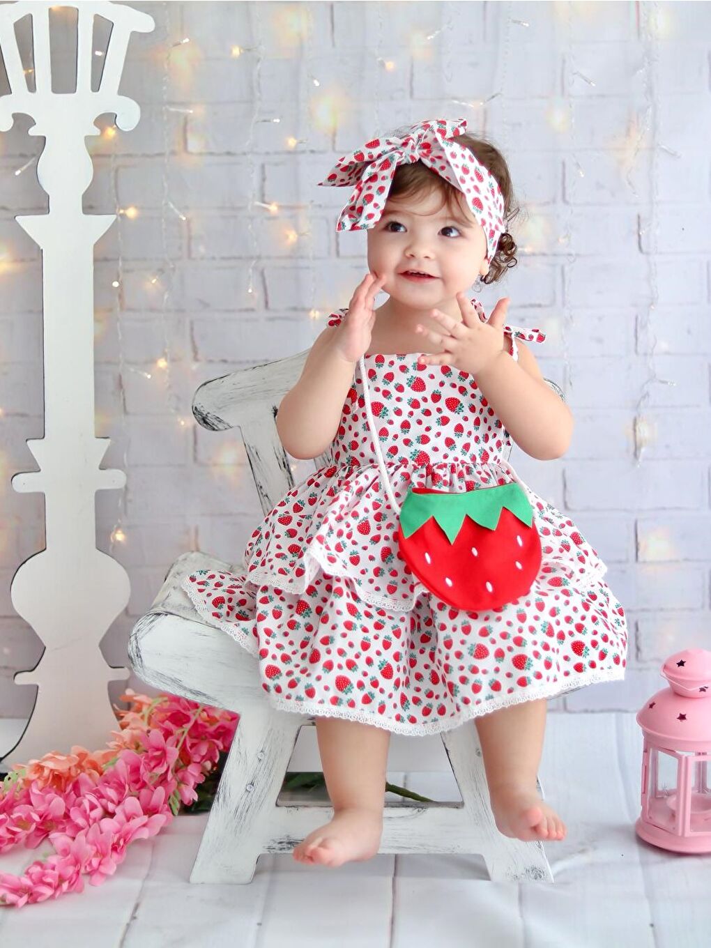 Kırmızı Mnk Çantalı Çilek Elbise-8