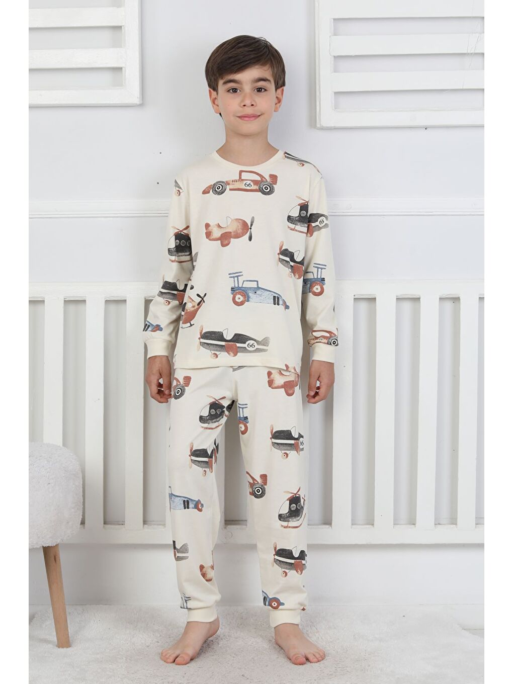 Bej Racing Car And Aeroplane Desenli Erkek Çocuk Pijama Takımı-5