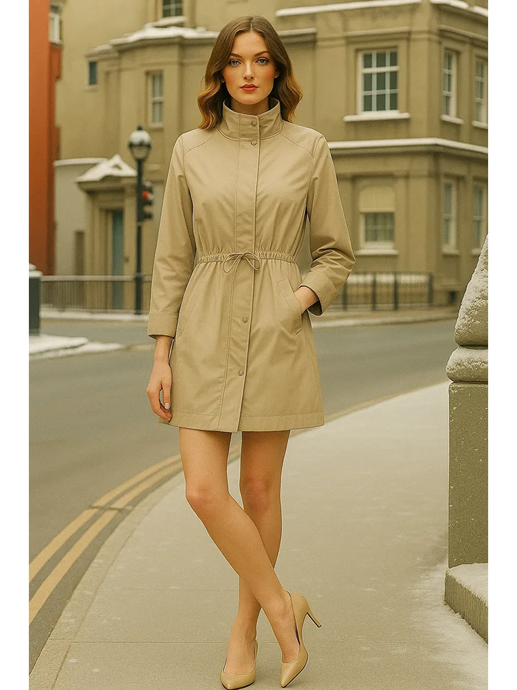 Kadın Kışlık Çizgili Bej Kısa Trençkot-3