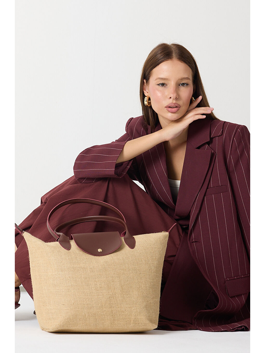 Kadın Bordo Orta Boy Askılı Hasır El ve Omuz Çantası-1