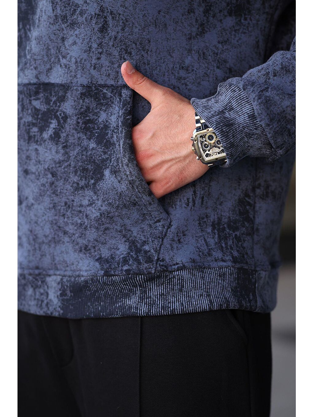 Lacivert Desenli Kapüşonlu Erkek Sweatshirt E7167-2