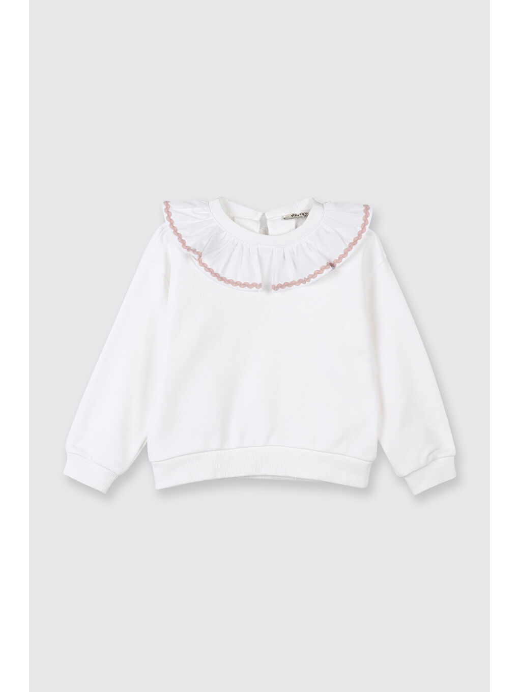 Kız Bebek Fırfır Yaka Detaylı Su Taşı Detaylı Beyaz Sweatshirt