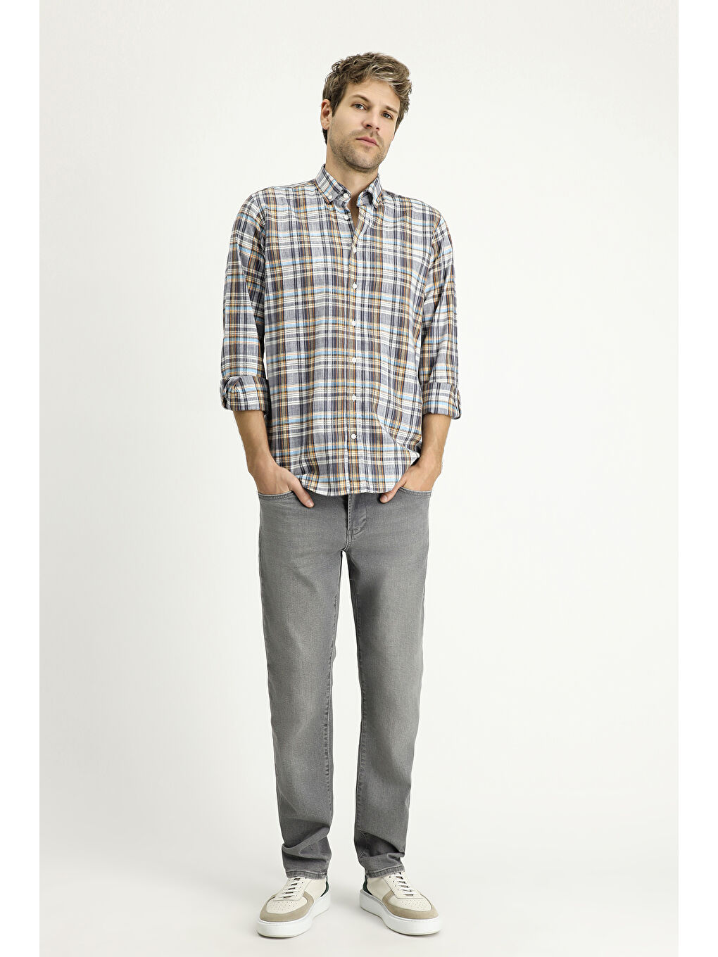 Antrasit Uzun Kol Regular Fit Ekose Spor Pamuk Gömlek-1