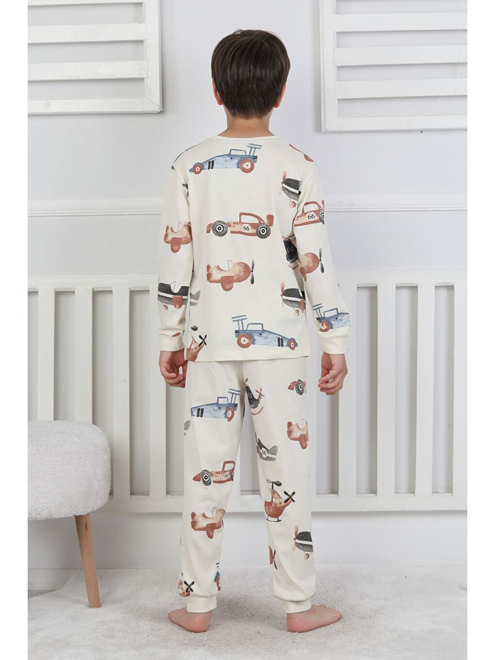 Bej Racing Car And Aeroplane Desenli Erkek Çocuk Pijama Takımı-6