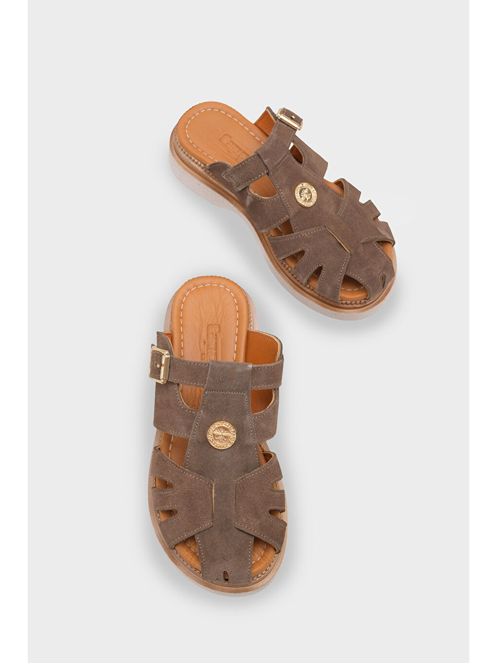 Bej Cheri Hakiki Süet Gladyatör Dolgu Topuk Kadın Terlik-5