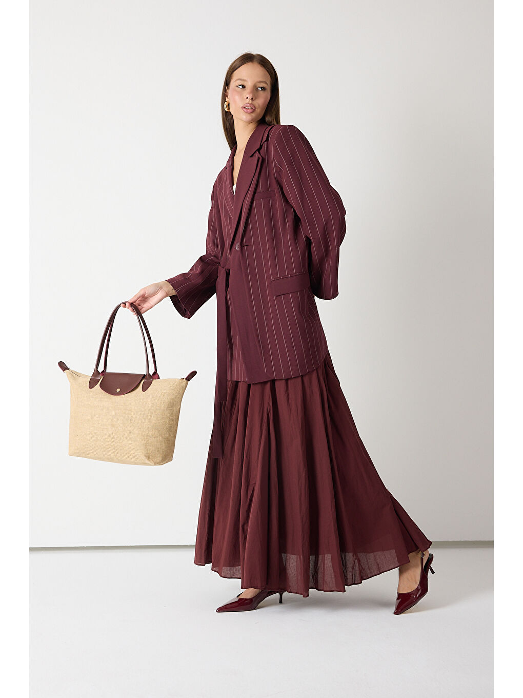 Kadın Bordo Orta Boy Askılı Hasır El ve Omuz Çantası-2