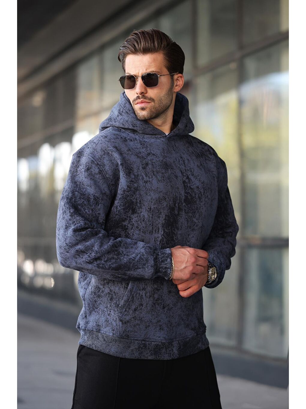 Lacivert Desenli Kapüşonlu Erkek Sweatshirt E7167-3