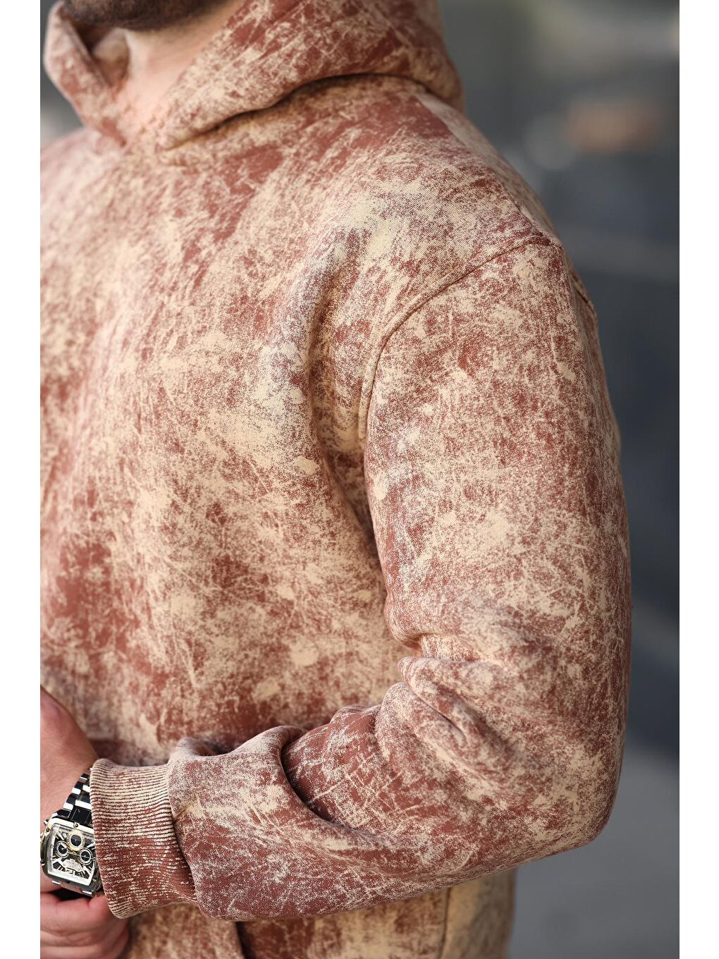 Kahverengi Desenli Kapüşonlu Erkek Sweatshirt E7167-2