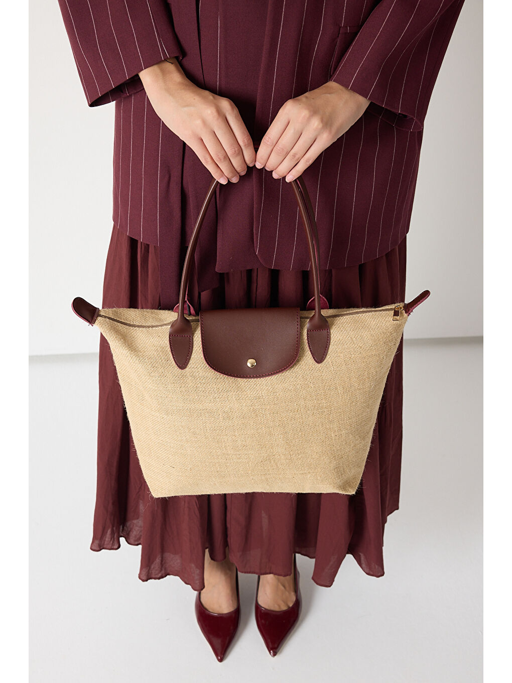 Kadın Bordo Orta Boy Askılı Hasır El ve Omuz Çantası-3