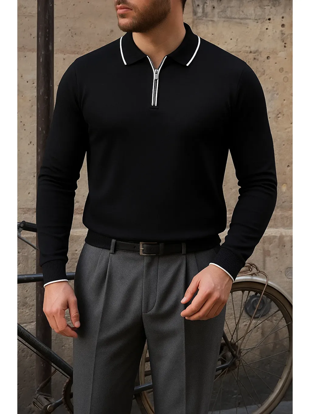 Erkek Günlük Çizgili Trend Siyah Polo Yaka Kazak-1