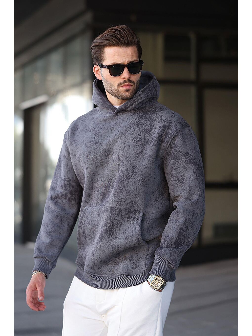 Gri Füme Desenli Kapüşonlu Erkek Sweatshirt E7167