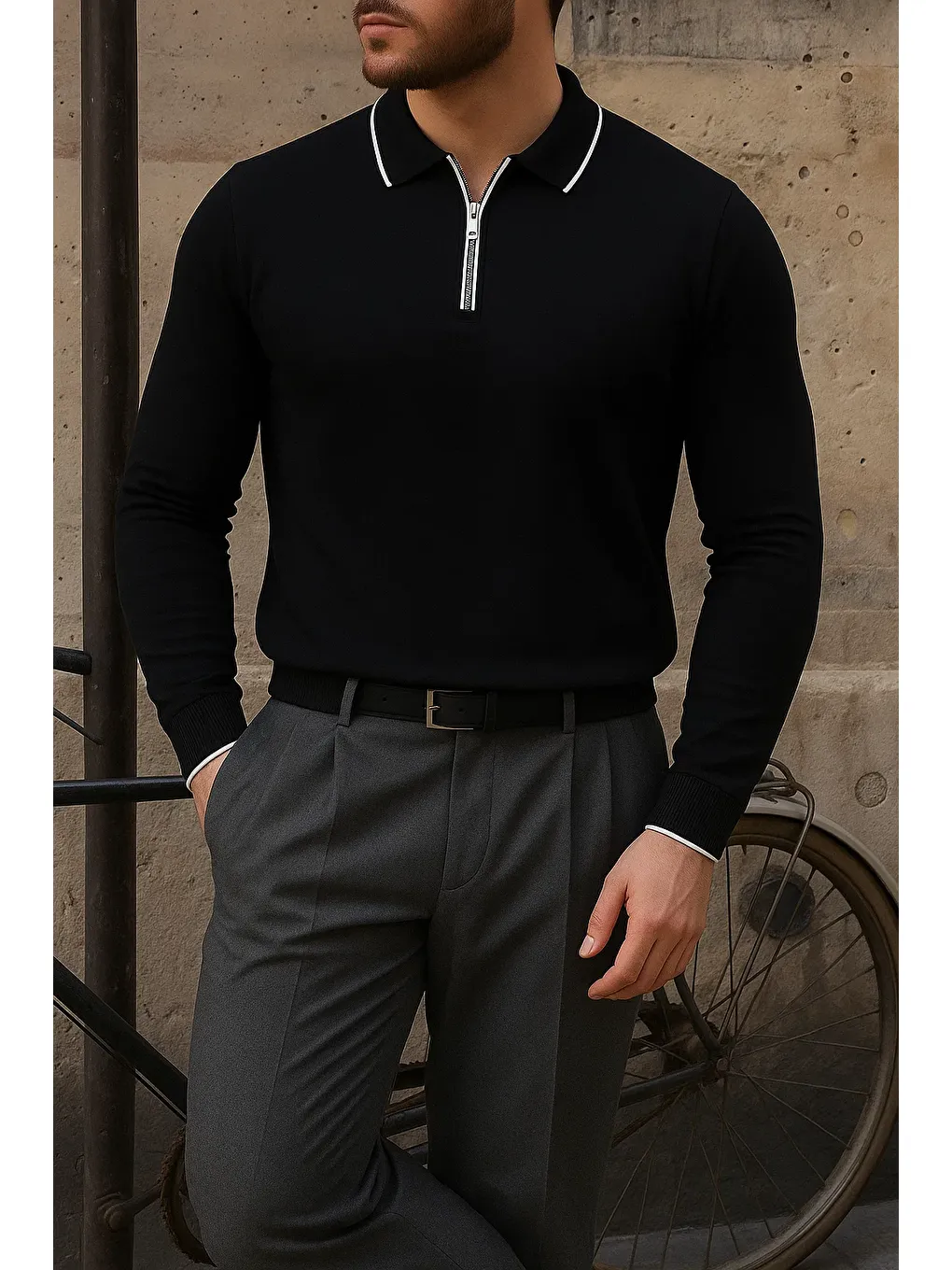 Erkek Günlük Çizgili Trend Siyah Polo Yaka Kazak-2