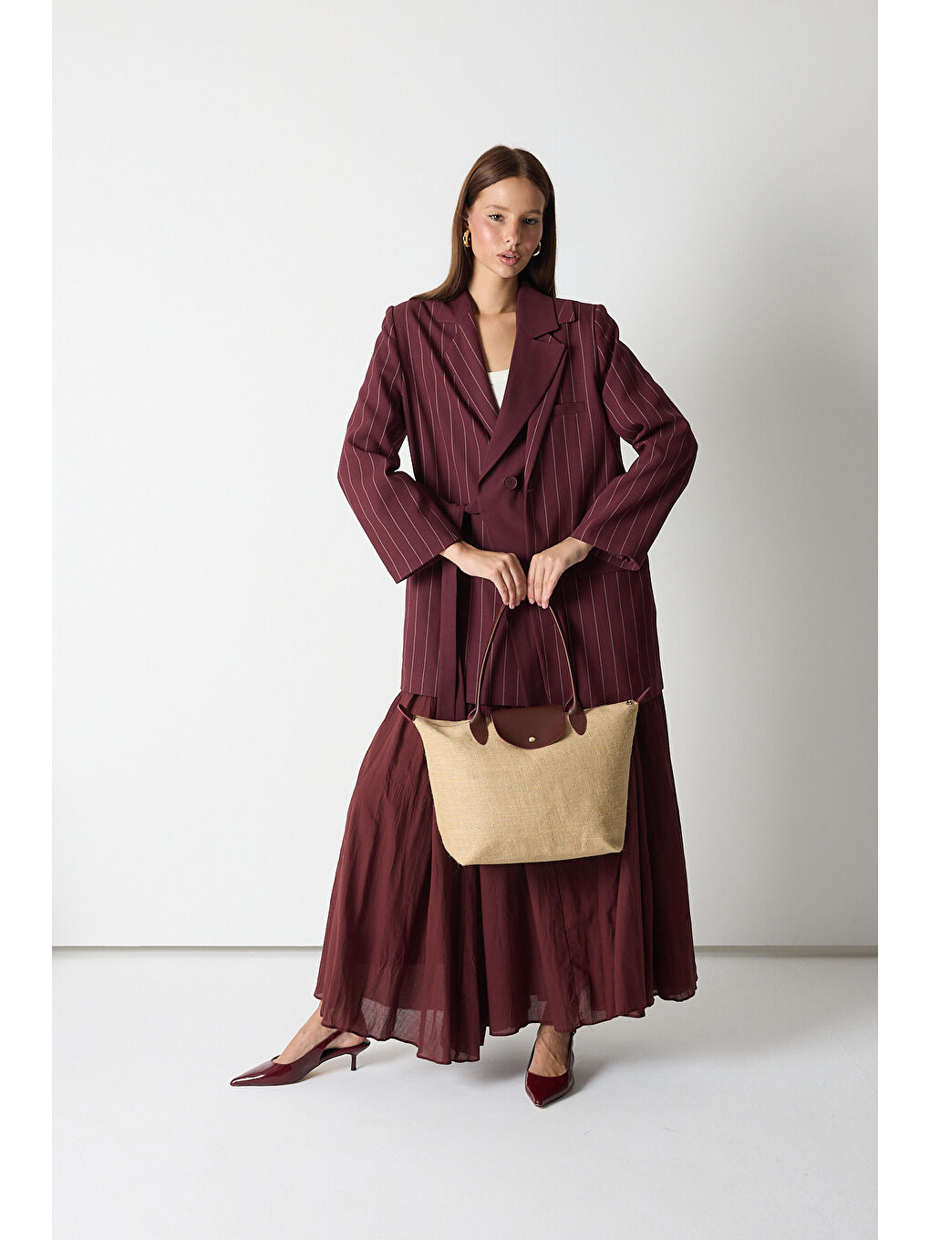 Kadın Bordo Orta Boy Askılı Hasır El ve Omuz Çantası-4