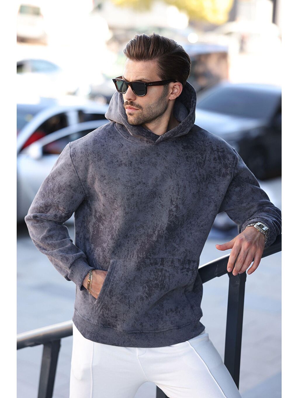 Gri Füme Desenli Kapüşonlu Erkek Sweatshirt E7167-1