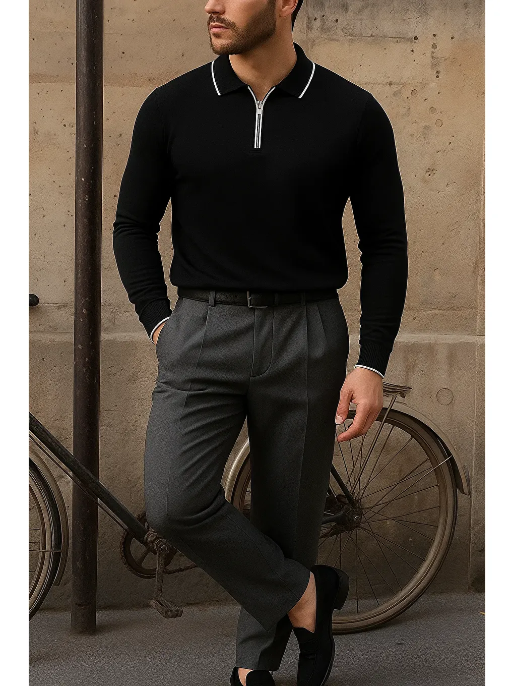 Erkek Günlük Çizgili Trend Siyah Polo Yaka Kazak-3