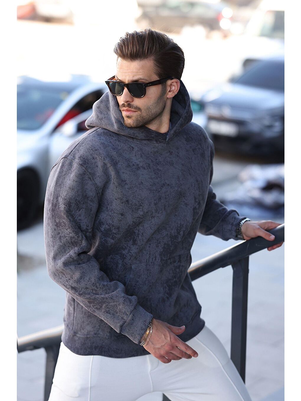 Gri Füme Desenli Kapüşonlu Erkek Sweatshirt E7167-2