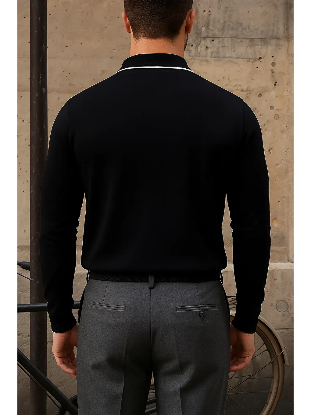 Erkek Günlük Çizgili Trend Siyah Polo Yaka Kazak-4